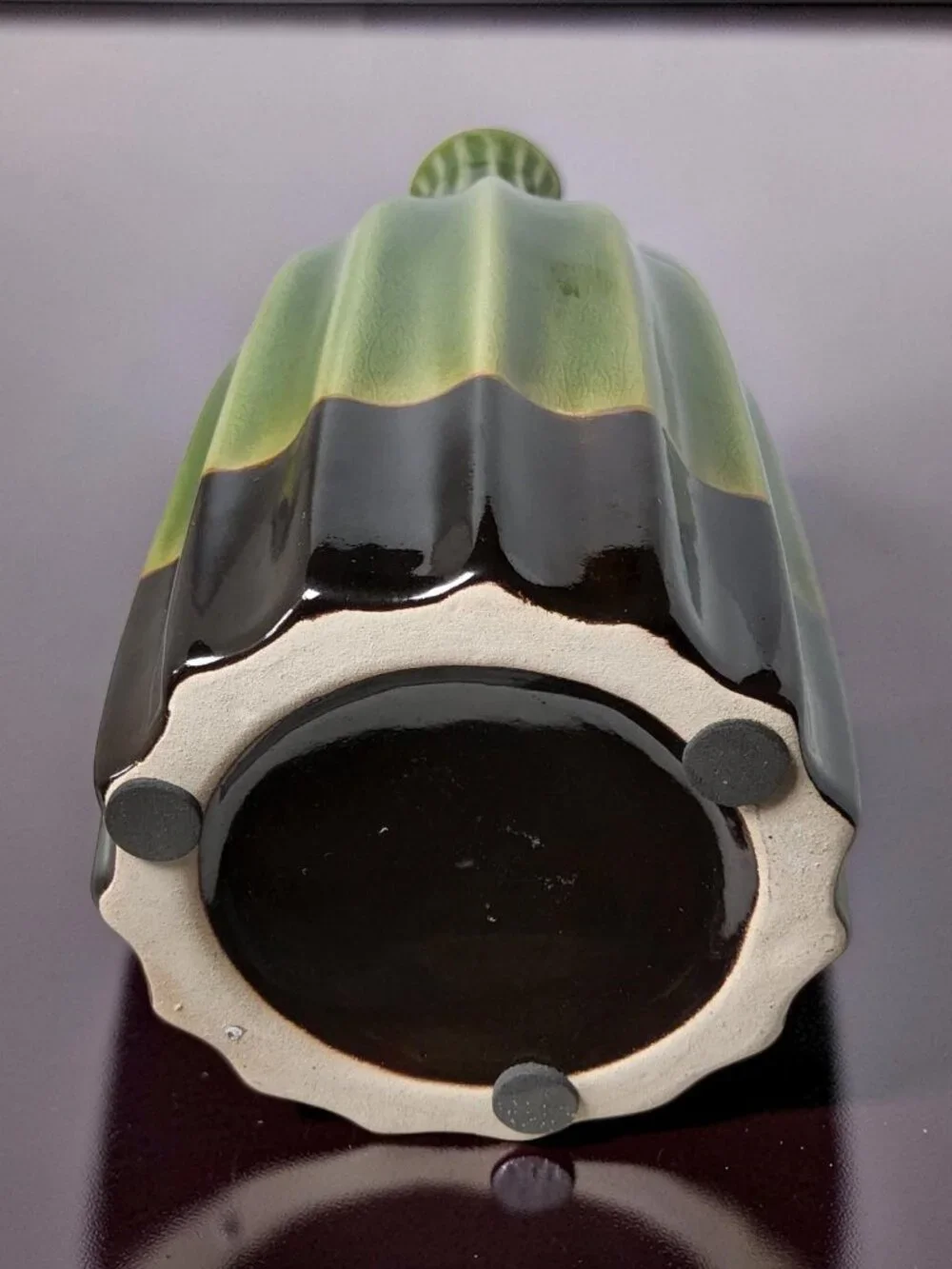 Vintage Dk.Green,Black Heavy Ceramic Ribbed Flanged Lip Vase